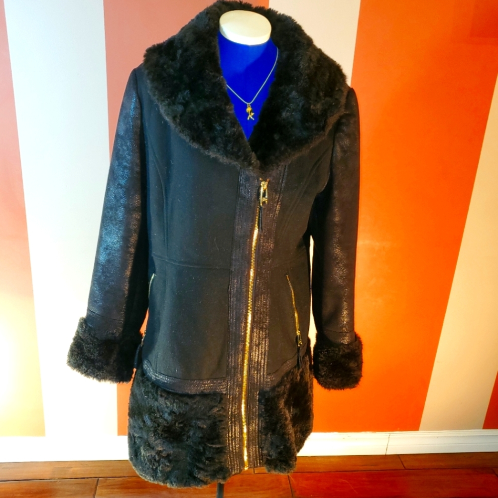 Women's Guess Wool Blend Faux Fur Pea Coat